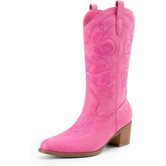 Shoes - Women's Pink Cowgirl Western Boots Fashion Embroidery Stitched Chunky Heel